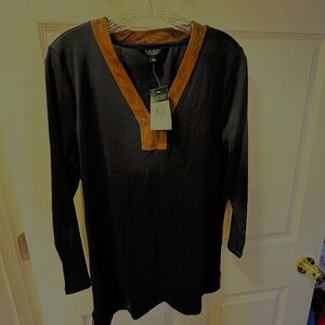 Ralph Lauren navy tunic top w/suede detail at neck, 3/4 sleeves. Sz L, NWT $16